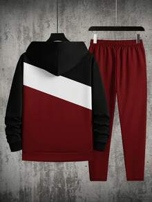 Men's Business Color Block Hoodie And Pants Set - Red - View 3