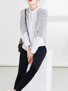 女款秋季優雅法式長袖商務休閒襯衫，時尚早秋上衣，優雅條紋立領與撞色設計，適合教師開學季穿著，適合追求老錢風審美女性，商務休閒女式襯衫，女款萬聖節服裝 - 彩色 - 查看 8