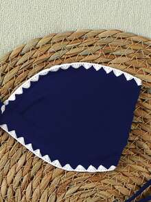 女士优雅复古波浪边饰抹胸系带比基尼套装，高端度假泳装，海军蓝 - 寶藍色 - 查看 5