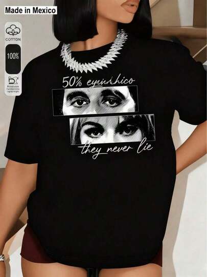Ojos Nunca Mienten - una Camiseta Impresa con un Patrón de Retrato para Mujeres de Mangas Cortas Casuales en Primavera y Verano.