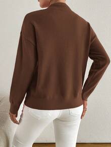 大码纯色立领针织毛衣 - 棕色 - 查看 2
