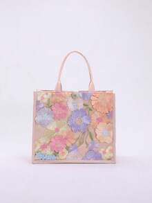 1pc Colorful Sequin Mesh Patchwork Linen Tote Bag, Fashion Floral & Leaf Embroidery Design, Large Capacity Square Shoulder Bag, Casual Beach Vacation Shopping Bag (Floral Pattern Randomly Distributed), Beach Bags, Summer Outfits - Pink - View 6