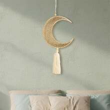 Wooden Wall Hanging Decor Hollow-Out Moon Star Tassel Pendant Ornaments For Home Office - Light Yellow - View 8