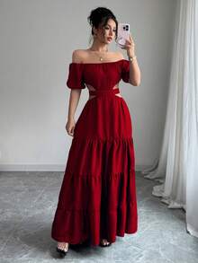 度假风牛仔效果露肩露背系带长裙，夏季 - 酒紅色 - 查看 3