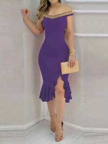Black Elegant Bodycon Dress, Women's - Sleeveless Backless Design, Ruched Tailoring, Suitable For Party Wear, Perfect For Spring/Summer Events, Machine Washable Polyester Blend Fabric, Form-Fitting, Decorated With Sequin Trim. - Purple - View 5