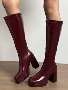 Plus Size Chunky Heel Riding Boots, New 2025 Autumn/Winter Women's High Heel Pointed Toe Side Zipper Boots,Burgundy Heels - Burgundy - View 9