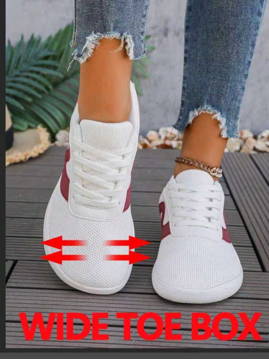 女士极简宽鞋头赤足跑步鞋 - 舒适防滑休闲鞋，宽鞋头设计，透气面料，零落差鞋底，适合步行和瑜伽，女士宽楦平底鞋，男女通用宽楦休闲运动鞋 - 白紅 - 查看 1