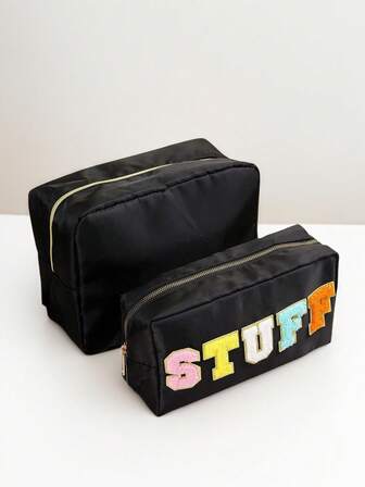 两件套简约时尚刺绣字母化妆包，大容量，适合日常使用、商务旅行、度假旅行、手拿包、女士手拿包、女士礼物、圣诞礼物、女士送礼佳品