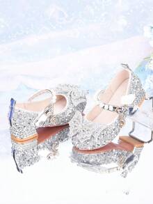 Zapatos de princesa de cuero con rhinestones para niñas en otoño, zapatos para niños, zapatos de cristal para actuaciones y ceremonias, zapatos de suela blanda para niñas, diseñados para niñas bebé, tacones altos de princesa de moda con moño, diseñados para zapatos de baile de moda para niñas, zapatos elegantes diseñados para bodas - Plateado - Ver 11