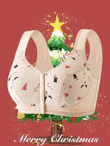 3pcs Christmas Element Printed Bras, Elegant Minimalist Front Closure Wireless Bras, Women Lingerie