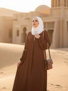 时尚长袖阿巴雅长裙，亮片休闲家居服，传统阿拉伯服饰 - 卡其色 - 查看 2