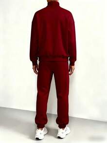 Women's Fleece-Lined Two-Piece Tracksuit - Loose Fit Autumn Casual Wear, Comfortable Sporty And Relaxed Style, Suitable For Loungewear (Multiple Colors) - 紅色 - 查看 2