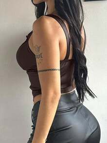 Sexy PU Leather Boned Corset Crop Tops V-Neck Grommet Eyelet Lace Up Front Curved Hem Backless Overbust Shapewear Wide Strap Cami Tank Top For Women Christmas Thanksgiving New Years Party Rave Festival Outfits - 咖色 - 查看 2