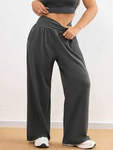 1件装加大码女士宽松阔腿瑜伽裤，纯色百搭，适合日常休闲穿着、室内健身瑜伽普拉提、户外跑步骑行，侧边口袋，弹性腰带，宽松柔软，基础款，四季皆宜 - 燧石 - 查看 6