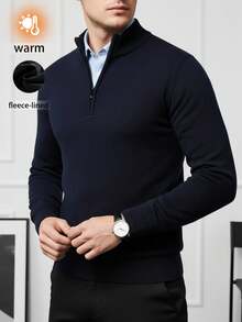 Men's Solid Color Half-Zip Collar Casual Knit Sweater With Thermal Lined, Autumn/Winter