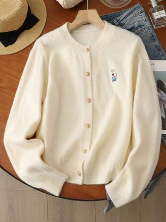 Cozy Bear Embroidery Knit Cardigan For Women - Long Sleeve Button Up Sweater With Festive Touch, Charming Fall And Winter Pullover