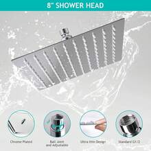 Cabezal de Ducha de lluvia Cuadrado Brazo de Ducha Plegable Ultrafino de 8 Pulgadas Desviador de 3 Velocidades Manguera de 150 cm Rociador de Mano de 5 Funciones Brazo Plegable de Aleación de Zinc Juego de Cabezal de Ducha Cuadrado - Chrome - Ver 4