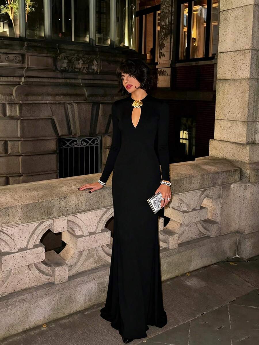 Vestido elegante y sexy - Vestido de manga larga de satén sólido con decoración metálica calada, vestido de fiesta para festival de música, vestido de noche formal, vestido de fiesta de Navidad