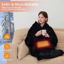Wearable Heated Blanket Hoodie, USB Heated Oversized Hooded Blanket Adult 3 Heat Settings, Overheat Cozy Warm Heated Hoodie Blanket Sweatshirt Women With Sleeves & Pocket - Black - View 6
