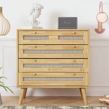 Classic Chest Of Drawers, 3-Drawer Cabinet, With Rattan Top, With Hinged Bottom Lid, With Gold Metal Handle And Wooden Legs, Storage Space In The Living Room And Bedroom, Chipboard - Khaki - View 3