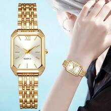 两件套女士优雅复古腕表套装 - 奢华心形链式石英表，搭配矩形表盘和不锈钢表带，经典模拟腕表，适合作为复活节礼物或日常休闲装扮。 - 金色 - 查看 2