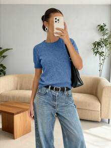 FOR BEAUTY Women's Minimalist Elegant Commuter Pullover Sweater, Street-Chic Collegiate Casual Style, Round Neck Solid Color Knit Top, New Year - Long-lasting Orchid - View 3