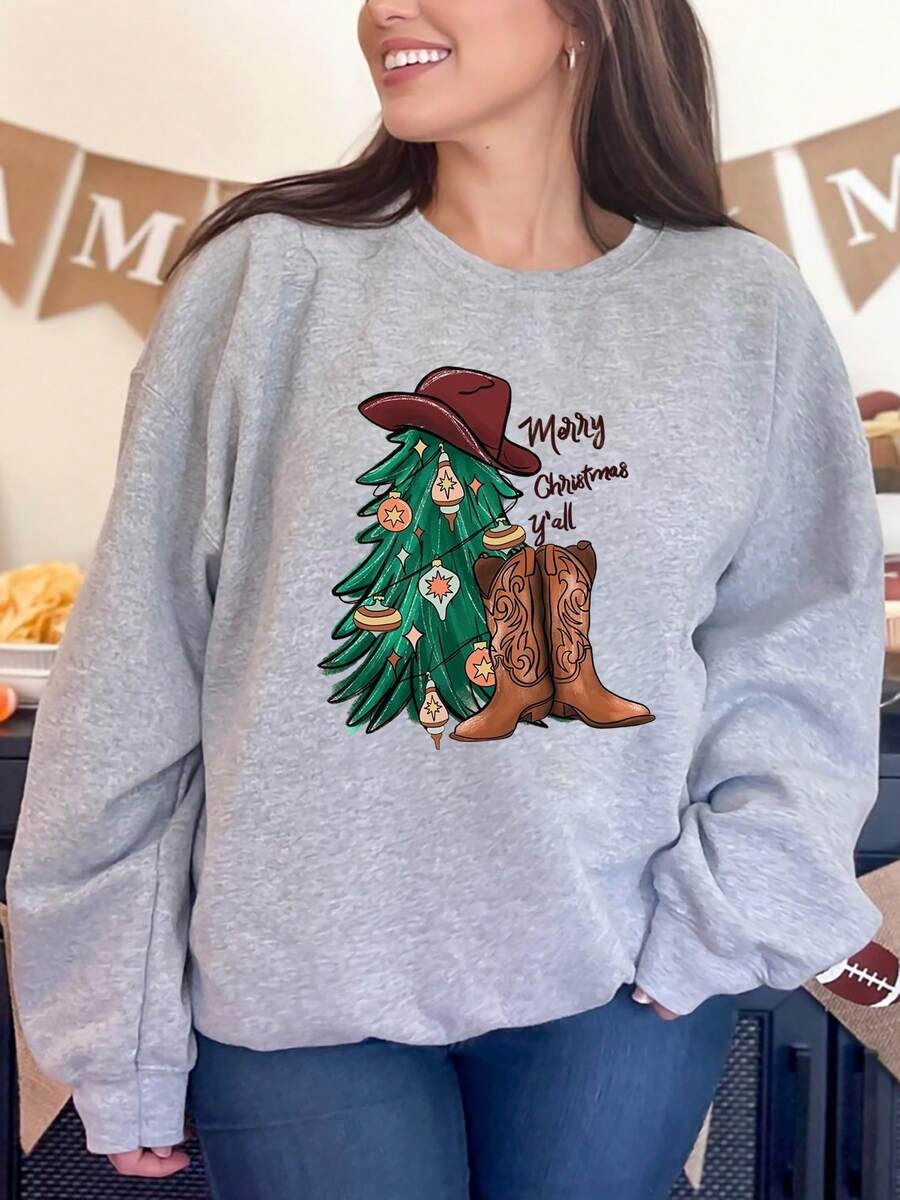 Christmas Tree Cowboy Hat And Boots Print Crewneck Sweatshirt Western Holiday Design Women Casual Long Sleeve Top Christmas Party Outfit Cozy Winter Wear - 灰色 - 查看 1