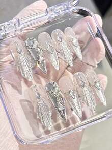 10 Móng Tay Giả Trang Trí Hình Nàng Tiên Cá Đỏ Sang Trọng, Đính Đá, Kiểu Ngẫu Nhiên, Bao Gồm 1 Gel Dạng Thạch và 1 Dụng Cụ Đẩy Da, Móng Tay Giả Dán Thủ Công. - Bạc - Xem 14
