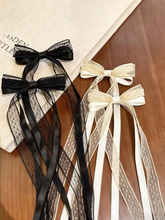 4件套优雅蕾丝缎带蝴蝶结发饰双马尾辫夹，女士高端发饰，时尚发饰，带缎带尾、爪夹、发夹、发卡