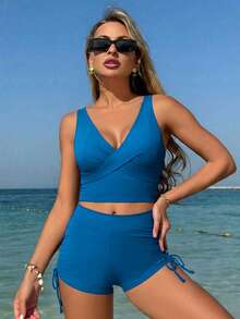 Swim Lushoire Women Solid Color Crossed Front Casual Bikini Set Set Summer - Blue - View 5