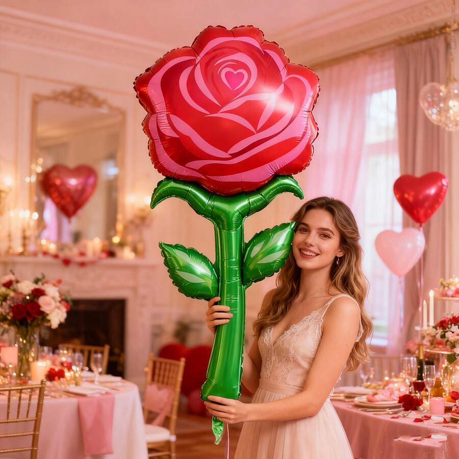 53英寸巨型玫瑰铝箔气球，适用于情人节、婚礼、订婚、周年纪念、生日、花卉主题派对装饰 - 紅色 - 查看 1
