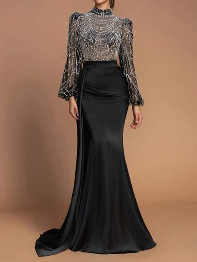 女士优雅立领灯笼袖落地珍珠点缀晚礼服 - 缎面撞色拼接，侧边垂褶鱼尾下摆，修身设计，适合正式场合、晚宴、婚礼和新年着装