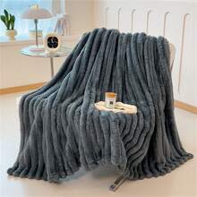 1pc Large Striped Blanket, Wide Striped Cutout Faux Rabbit Fur, Milk Plush, Flannel Throw Blanket, Office Nap Blanket, Leisure Blanket, Sofa Blanket, Halloween Faux Fur Blanket, Faux Fleece Blanket - Dark Grey - View 3