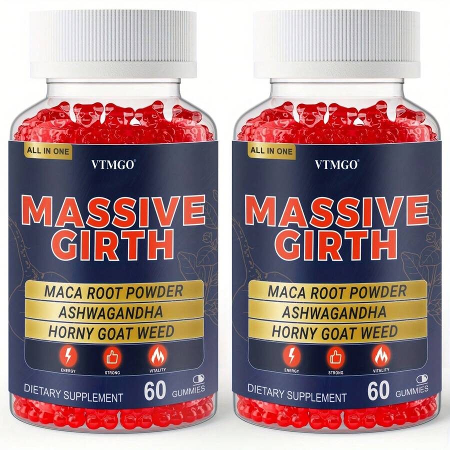1-2 Bottle MASSIVE GIRTH Male Gummies - Natural & Vitality Supplement With Maca Root, Ashwagandha,Saw Palmetto, Carrot, Ginseng, B12 & B6 Vitamins - Plant-Based Formula For Men'S Health, 60 Count, Natural Ingredients, Men'S Health Supplement, Bold Packaging - 2瓶 - 查看 1