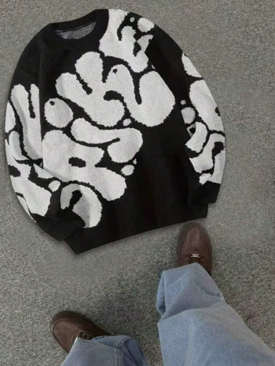 Men's Casual Letter Print Colorblock Long Sleeve Sweater, Autumn/Winter - Black - View 1