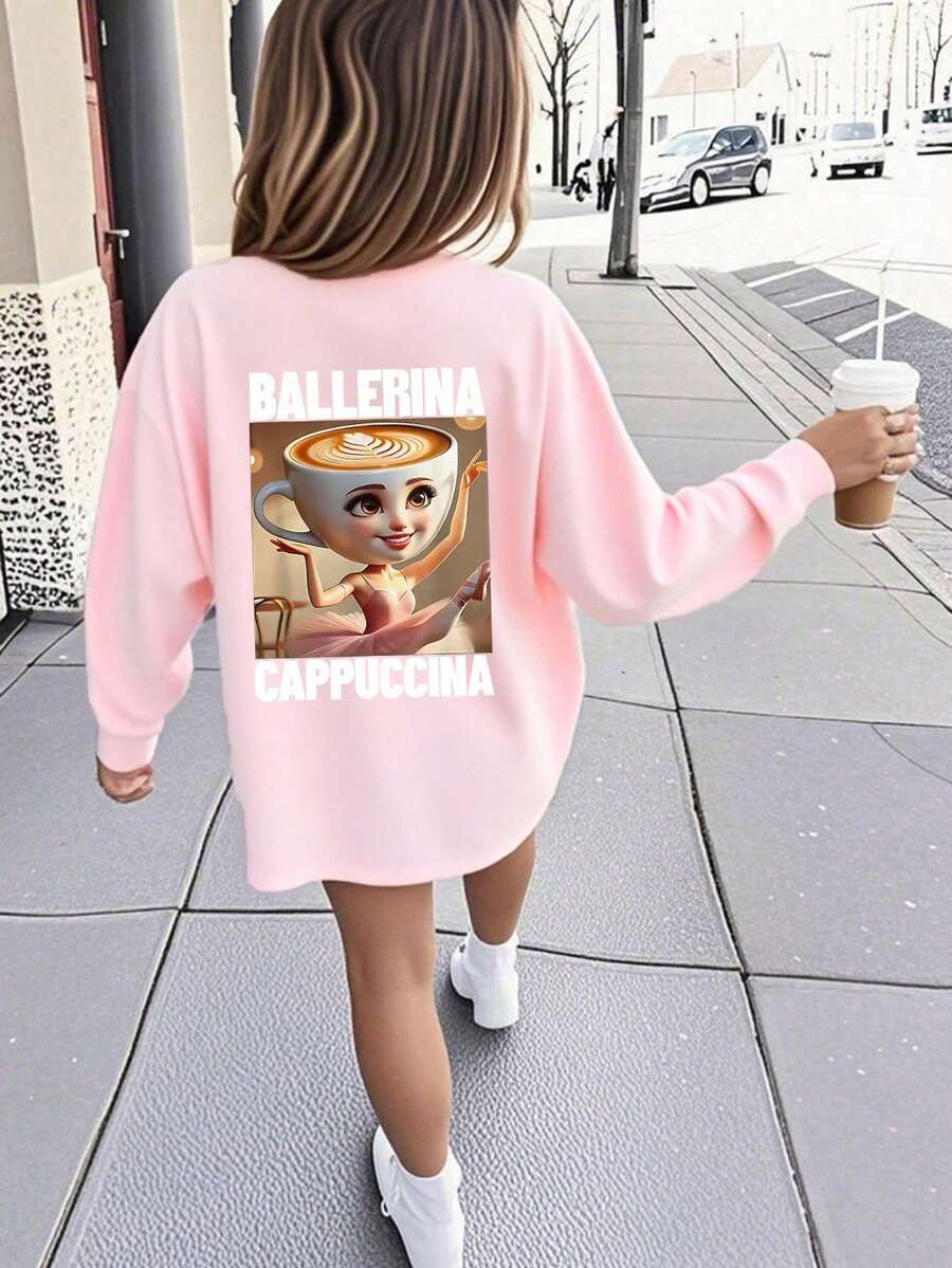 Tween Girls' "Cappuccino Ballerina" Graphic Print Long Sleeve T-Shirt, Autumn/Winter Top - Pink - View 1