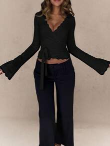 Áo kiểu dài tay cổ chữ V thắt nơ phía trước, viền ren hoa gợi cảm dành cho nữ, màu đen, mùa xuân. - màu đen - Xem 5