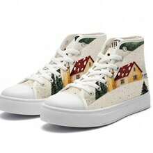 Snowy Winter Village Scene With Quaint Houses, Evergreen Trees, Rolling Hills & Christmas Ambiance - Multi-Story Architectural Styles, Red/Yellow/Green/Brown Roofs, Red Door, Yellow Church-Town Hall Building, Overcast Sky & Soft Snowfall Decor - Cozy Festive Christmas-Like Village Decoration Poster Art - 白色 - 查看 10