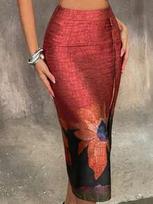 Faeriesty 女士新款中国风中长裙：常规腰线，侧开衩，纹理裂纹花卉印花，优雅流苏细节——完美适用于盛大晚宴、正式晚宴、商务宴会、婚宴及新年晚会等场合。 - 紅木色 - 查看 6