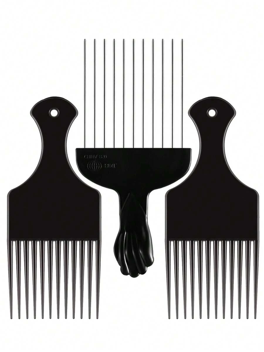 WANMEI 3件套塑料金属双色发梳套装，适用于卷发和非洲裔发质 - 包括2把塑料梳和1把不锈钢金属梳。符合人体工程学设计，ABS材质，宽齿设计，适合浓密卷发，适合沙龙造型。非洲裔专用梳，细齿，男女通用卷发造型工具，塑料材质，黑色。