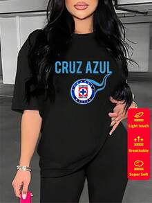 Camiseta de manga corta para mujer, cuello redondo, holgada, casual y versátil, nuevo estampado de CEMENTO CRUZ AZUL, ideal como capa base, tejido suave con buena caída - Negro-3 - Ver 2