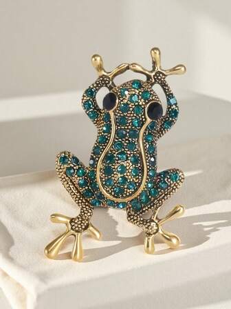 1枚复古法式绿色水钻青蛙胸针，时尚配饰别针，可作外套装饰，高端服饰装饰