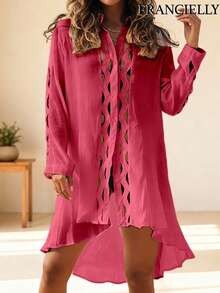 Saída de praia feminina evasê, modelo vazado rosa com recortes, leve e estilosa, tamanho único 38-42