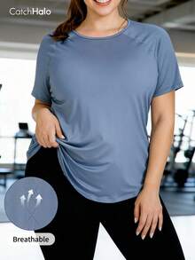 Plus Size Women's Short Sleeve Fitness T-Shirt, Round Neck Raglan Sleeve Design, Breathable Perforated Back, Quick-Dry Fabric, Hip-Covering Summer - Blue - View 6