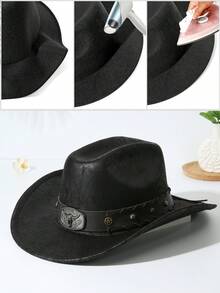 1pc Unisex Unisex Cattle Head & Belt Decor Handmade PU Cowgirl Hat Panama Hat Wide Brim Ridge Cowboy Hat Western Suitable Soft Felt Hat Fedora Hat - màu đen - Xem 4