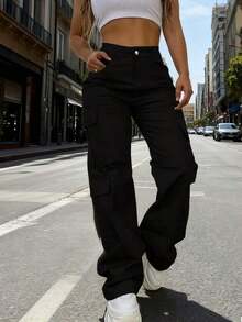 Women's New High-Waisted Multi-Pocket Straight-Leg Cargo Pants, American Retro Cool Slimming Sporty Casual Pants