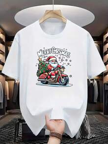 Men'S & Women'S White Christmas Santa Claus Motorcycle T-Shirt - Santa On Red Motorcycle With Merry Christmas Print, Casual Round Neck Short Sleeve Tee For Holiday - màu đen - Xem 10