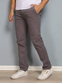 Set Of 3 Men's Ribbed Knit Trousers With Buttons And Pockets. Slightly Stretchy Fabric For Greater Comfort And Style. - preto-chumo-bege - 查看 3