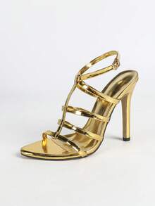 Jin Bei Qi Sandálias de Salto Alto Stiletto de Verão para Mulheres, Bico Redondo, Cor Sólida, Couro Envernizado, Multi-Tiras Cruzadas com Fivela, Aberta, Festa ao Ar Livre, Elegante, Glamorosa, Adequada para Todas as Estações, Festa, Banquete, Personalizada, Romântica, Salto Alto Dourado - Dourado - Visão 6