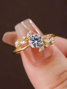 S925 Sterling Silver Four-Claw Zirconia Ring, Elegant Laurel Leaf Design - Blue and White - View 8